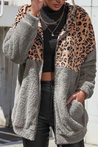 Leopard Zip Up Dropped Shoulder Hoodie