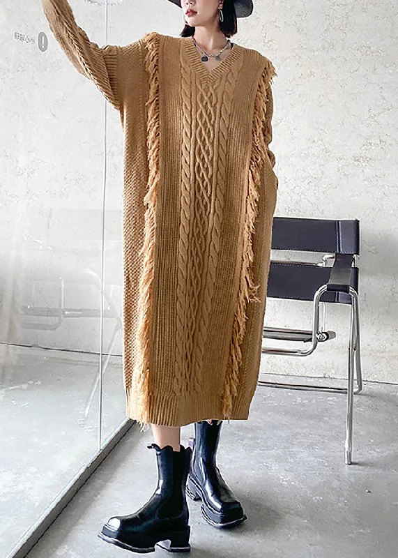 Art Khaki V Neck Cozy Thick Knit Long Sweaters Dress Winter