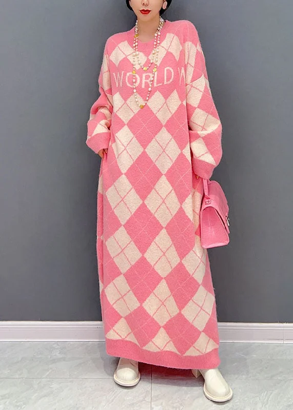 Casual Pink O Neck Oversized Plaid Knit Long Dress Winter