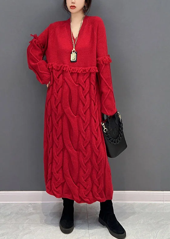 Women Red V Neck Patchwork Tassel Knit Loose Sweater Dress Winter