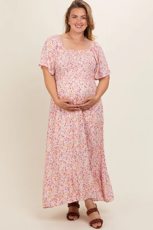 Light Pink Floral Smocked Plus Maternity Maxi Dress