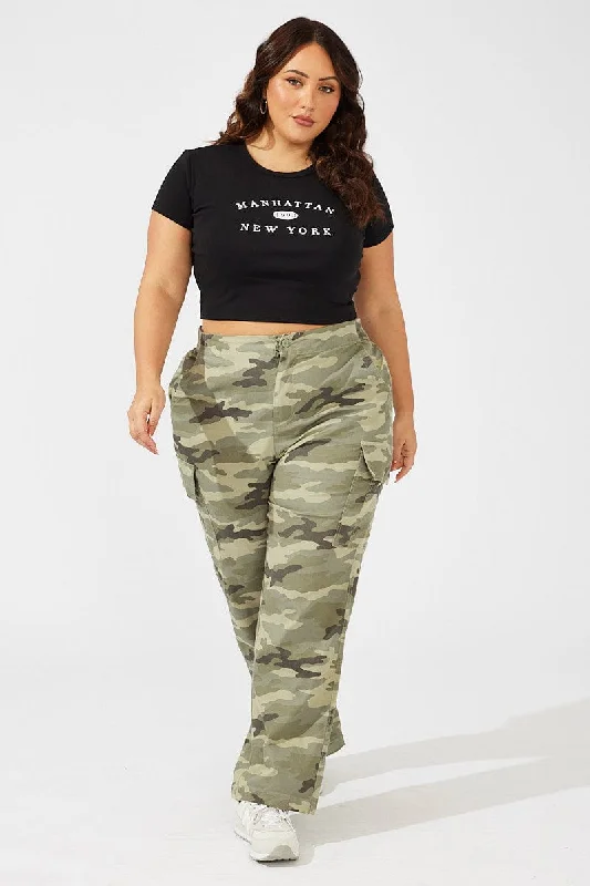 Green Print Cargo Pants High Rise Camouflage