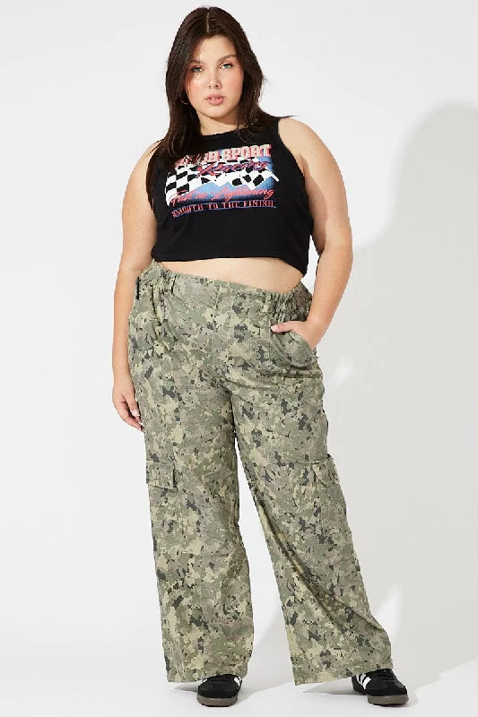 Green Print Cargo Pants Mid Rise